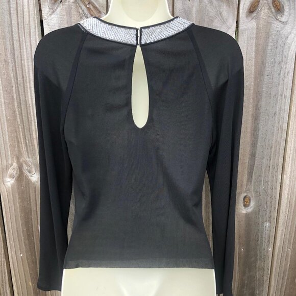 Neil Bieff Black Sequin Blouse Wool 8 Top White Keyhole Vintage Medium - Picture 3 of 8
